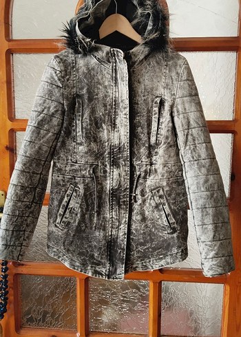Batik Gri Kadin Denim Ceket Kurklu Kapusonlu Bagcikli Kol