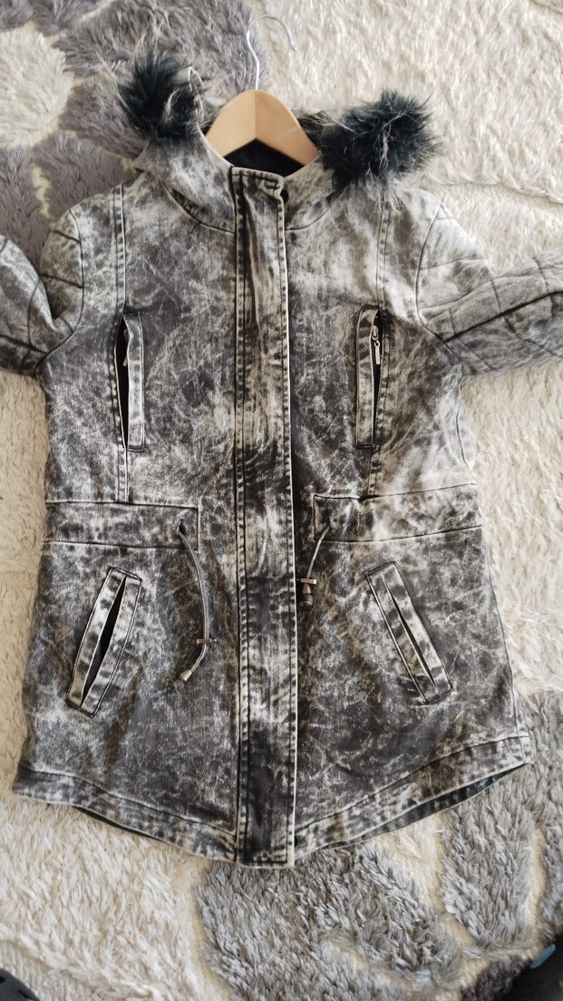 Batik Gri Kadın Denim Ceket, Kürklü Kapüşonlu, Bağcıklı Kol — görsel 5/12