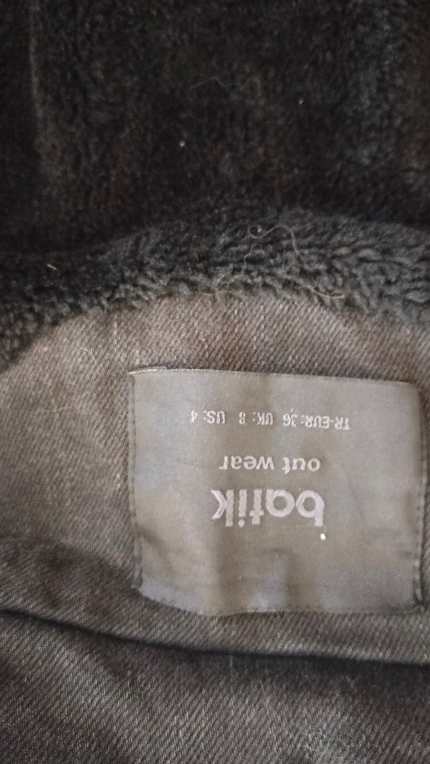 Batik Gri Kadın Denim Ceket, Kürklü Kapüşonlu, Bağcıklı Kol — görsel 10/12