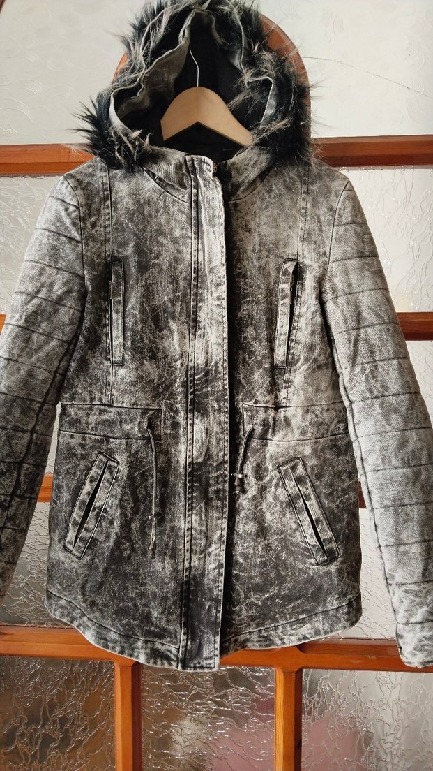Batik Gri Kadın Denim Ceket, Kürklü Kapüşonlu, Bağcıklı Kol — görsel 2/12