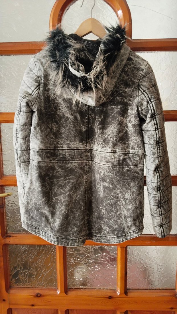 Batik Gri Kadın Denim Ceket, Kürklü Kapüşonlu, Bağcıklı Kol — görsel 4/12