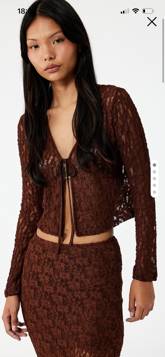 Dantel Detaylı Kahverengi V Yaka Kadın Hırka - Görsel 3