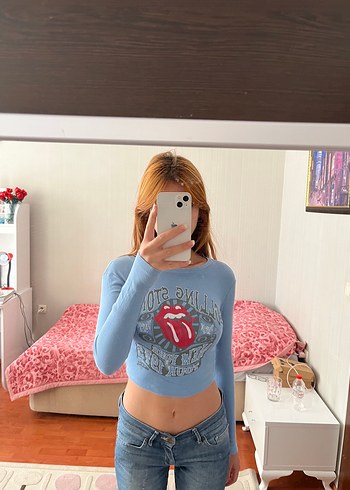 Mavi Baskılı Rock Punk Kız Uzun Kollu Tişört