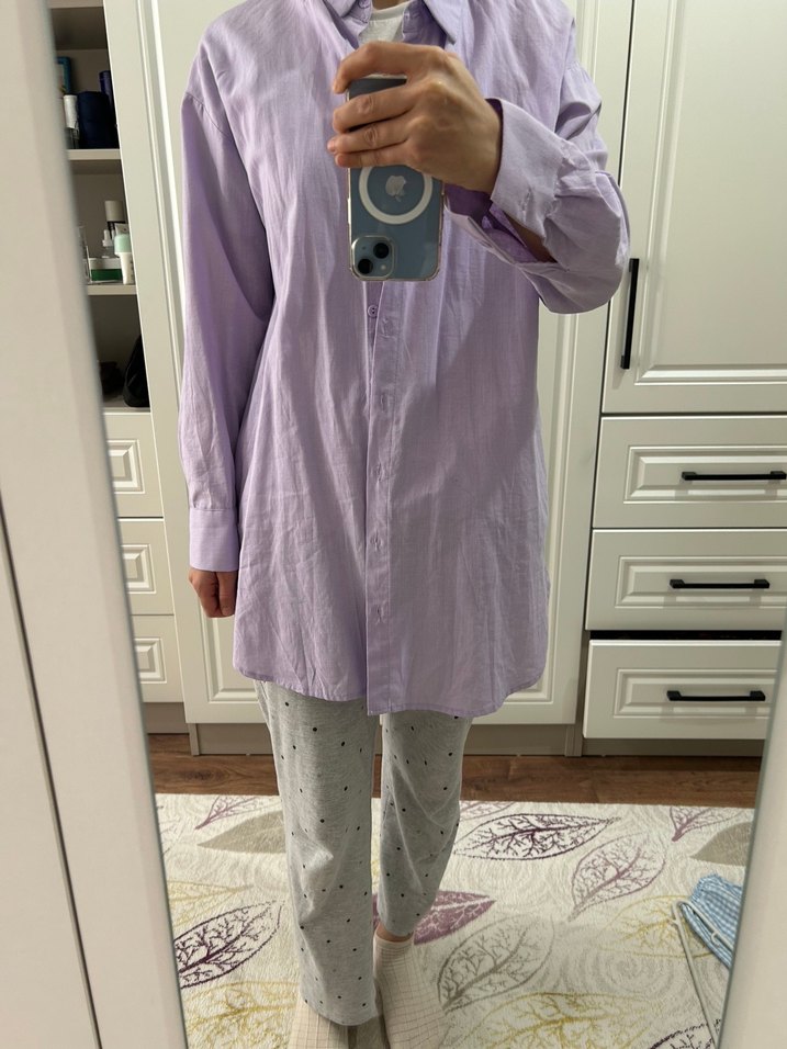 Mor Uzun Kollu %100 pamuk Gömlek - Görsel 5