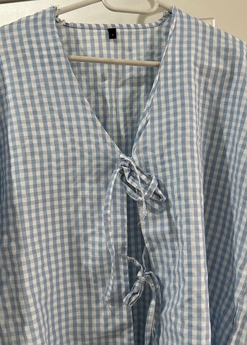 Mavi Bağcıklı Uzun Kollu V Yaka Gömlek - Görsel 3