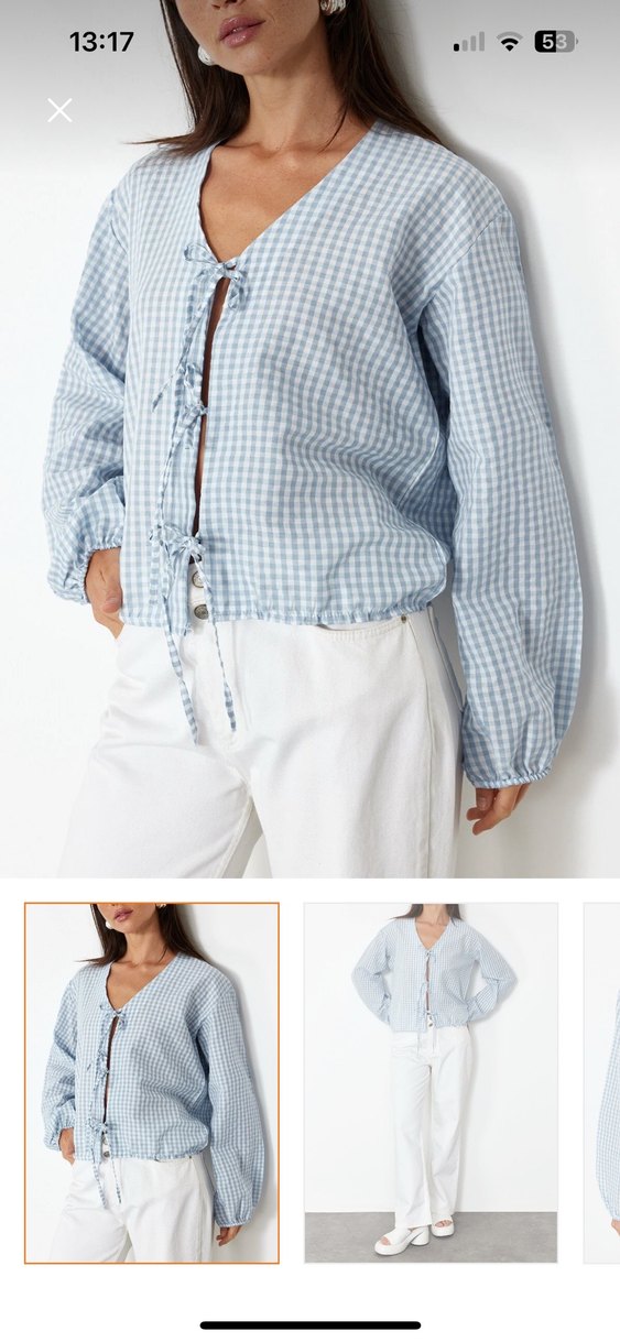 Mavi Bağcıklı Uzun Kollu V Yaka Gömlek - Görsel 4