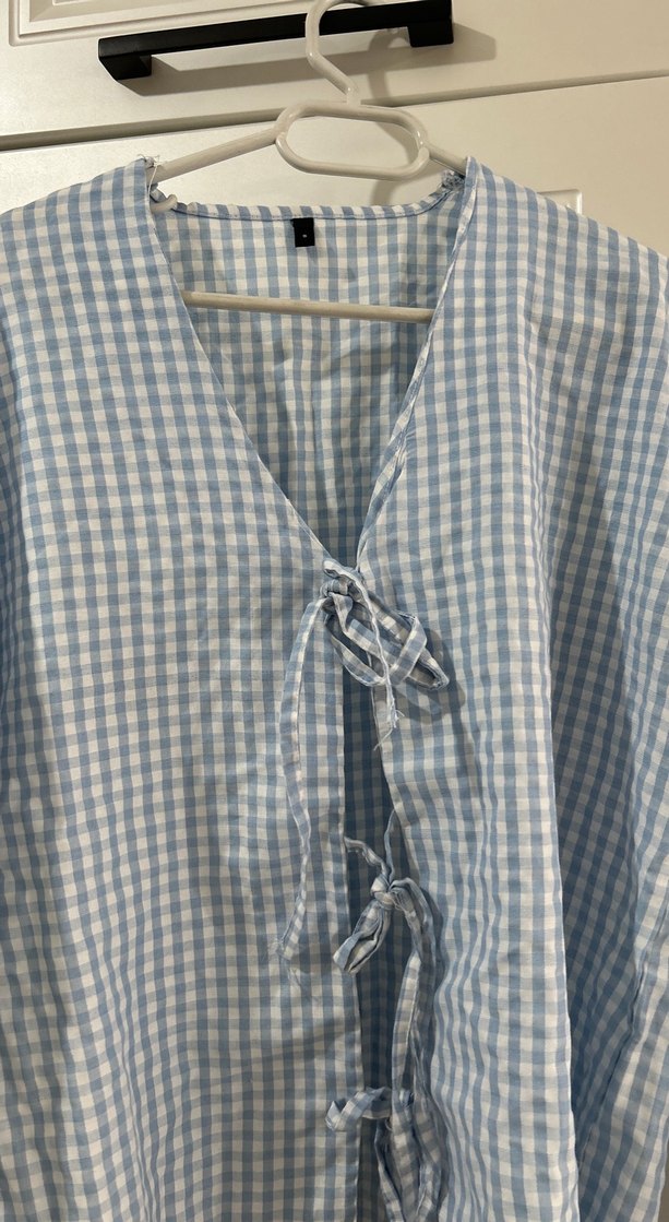 Mavi Bağcıklı Uzun Kollu V Yaka Gömlek - Görsel 3