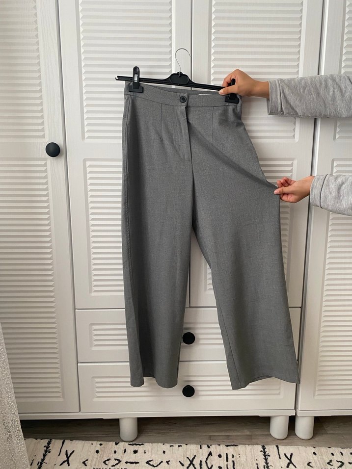 Düğmeli Gri Kadın Kumaş Pantolon - Görsel 2