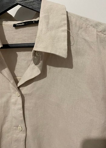 Bej Kısa Kollu Keten Kadın Gömlek - Görsel 6