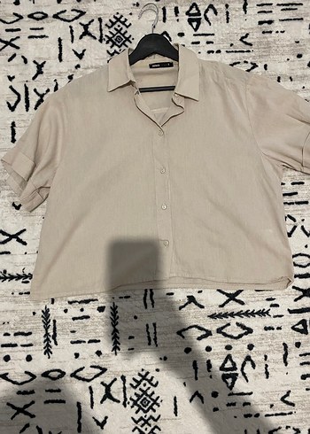 Bej Kısa Kollu Keten Kadın Gömlek - Görsel 2