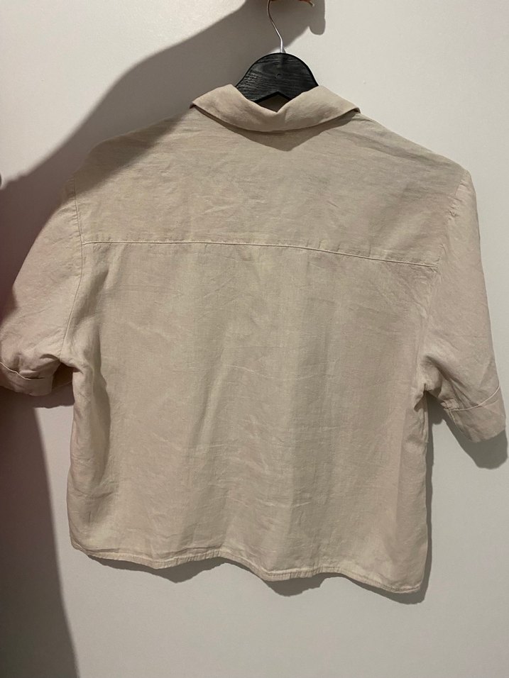 Bej Kısa Kollu Keten Kadın Gömlek - Görsel 3