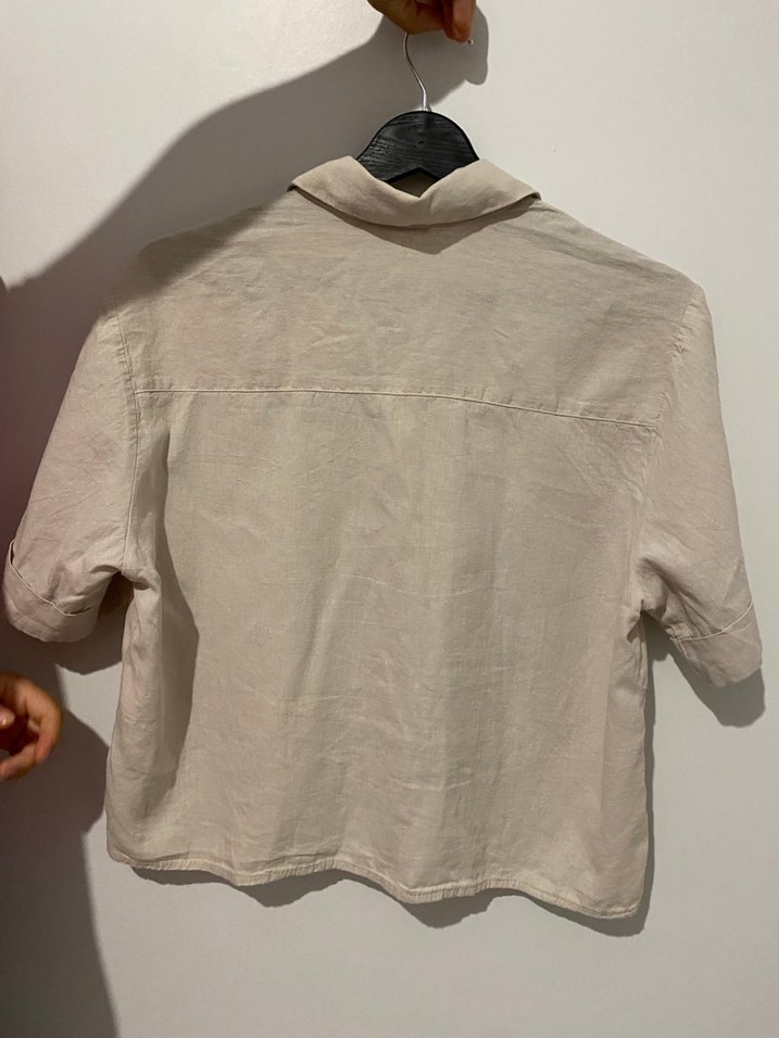 Bej Kısa Kollu Keten Kadın Gömlek - Görsel 4