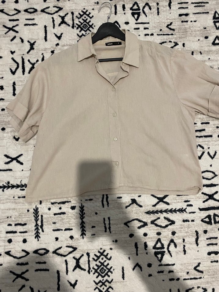 Bej Kısa Kollu Keten Kadın Gömlek - Görsel 2