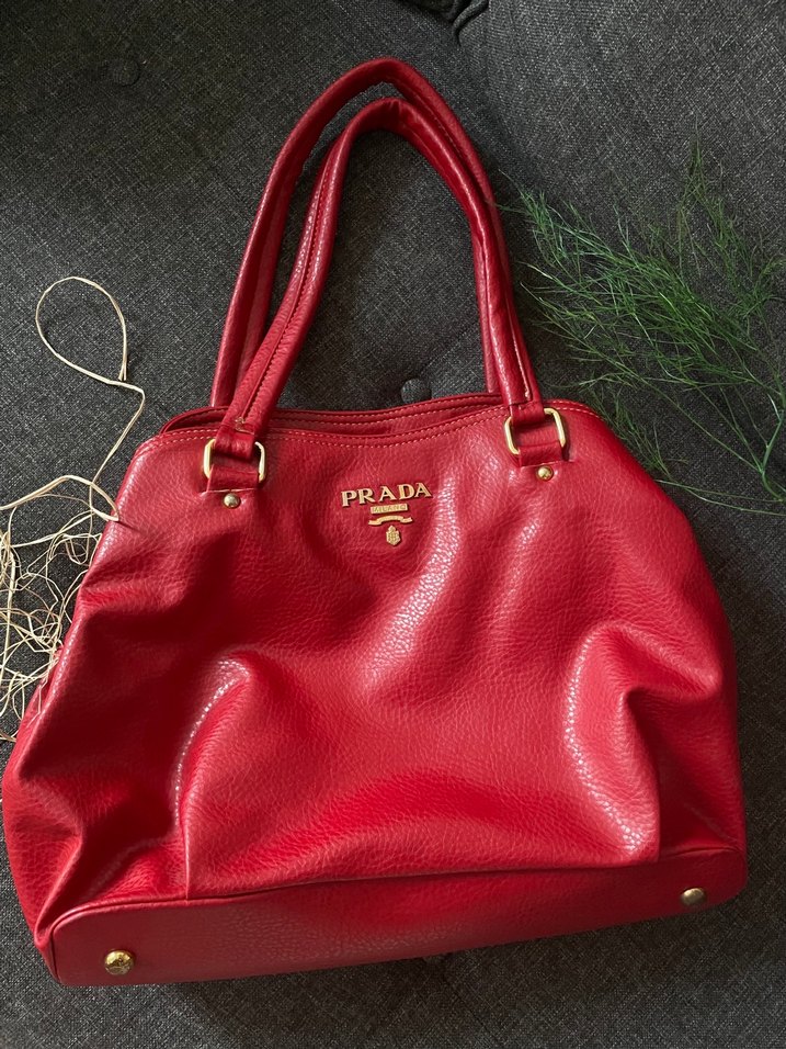 ACİL!!! Kırmızı Hakiki Deri Büyük Çanta  Prada Model Esinli - Görsel 3