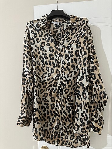 Leopar saten tunik gömlek