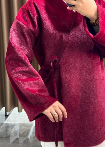 Zara Bordo Süet Kemerli Midi Kadın Kaban