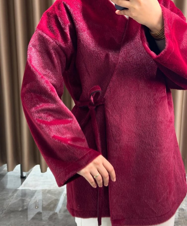 Bordo Süet Kemerli Midi Kadın Kaban - Görsel 3