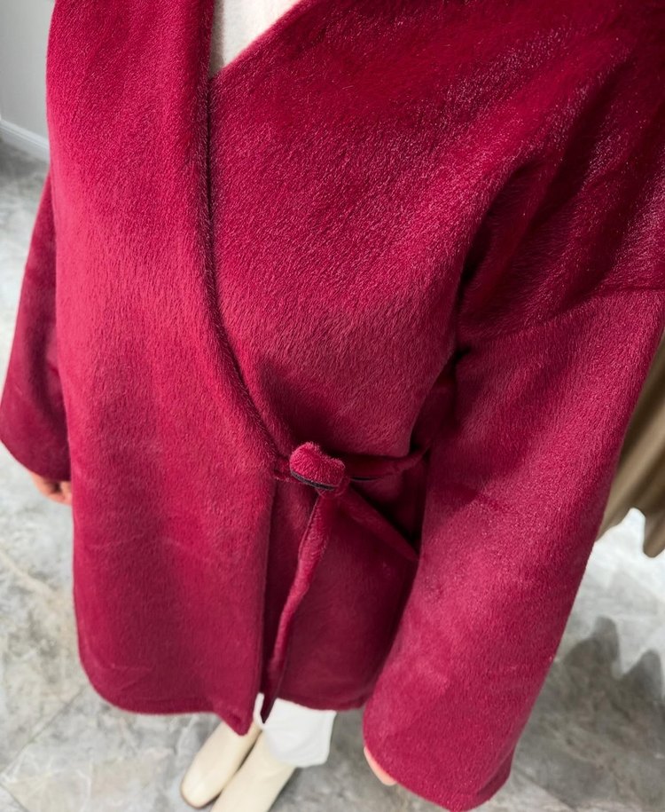 Bordo Süet Kemerli Midi Kadın Kaban - Görsel 2