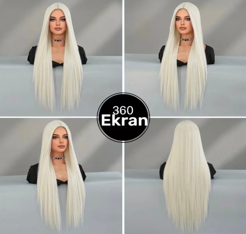 Platin Uzun Düz Sentetik Peruk 77CM - Görsel 4