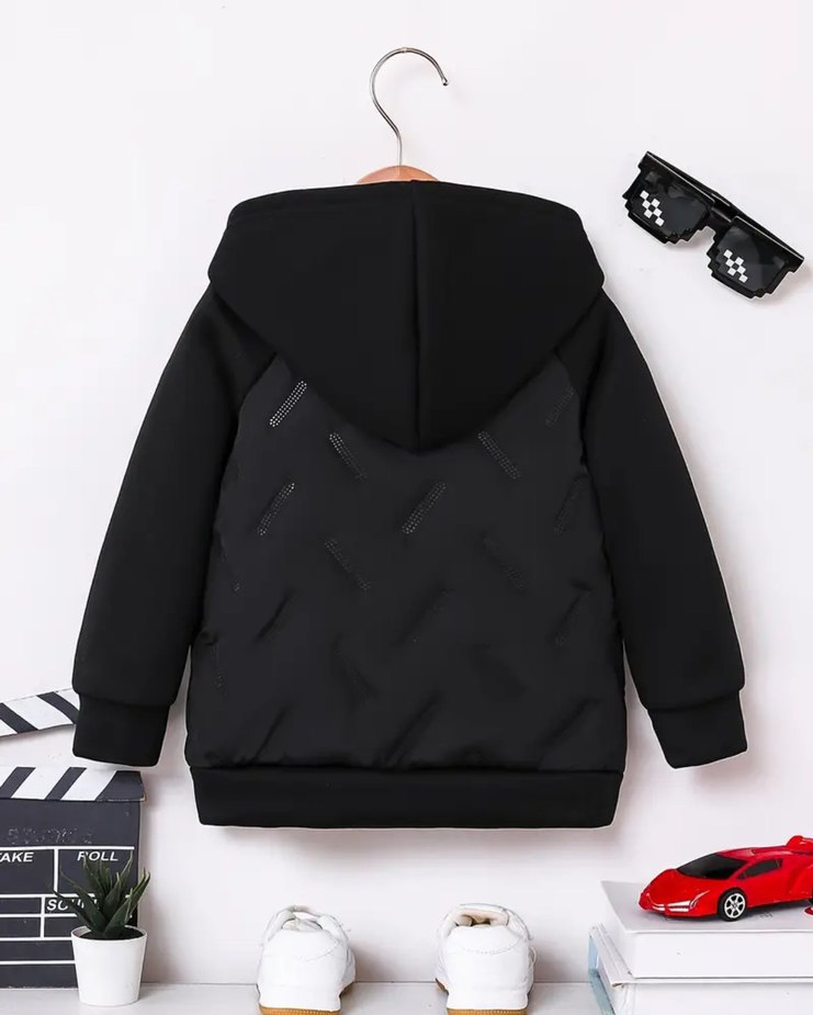 Kapüşonlu Siyah Erkek Çocuk Polar Mont - Görsel 2