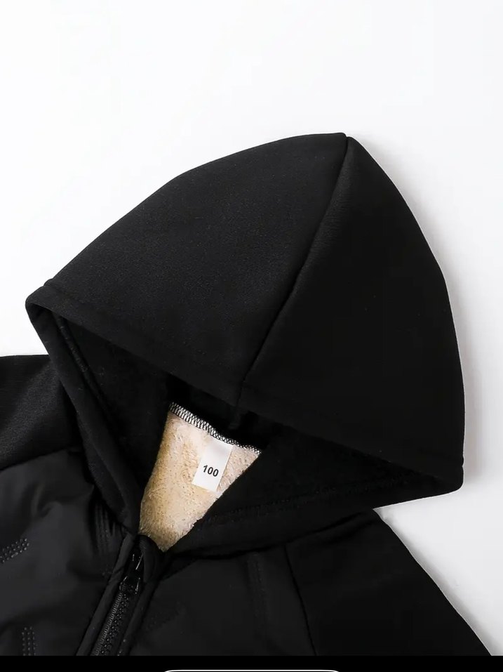 Kapüşonlu Siyah Erkek Çocuk Polar Mont - Görsel 3