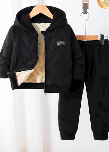 Erkek Çocuk Siyah Kapüşonlu kışlık Eşofman Takımı - Görsel 2