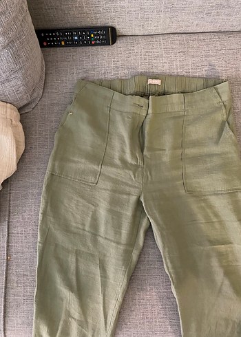 42 Beden haki Renk Düğmeli Keten Kadın Haki Pantolon