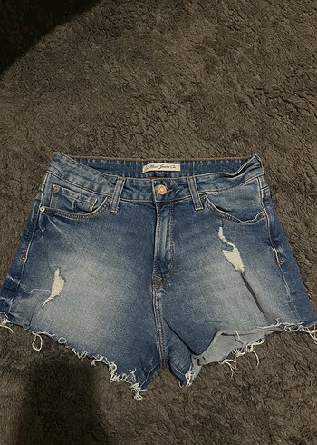Kadın Mavi Yırtık Mini Denim Şort