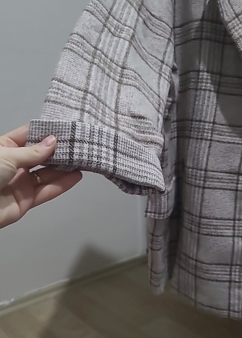 Düğmeli Gri Ekose Midi Kadın Blazer Ceket - Görsel 2