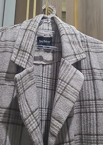 Düğmeli Gri Ekose Midi Kadın Blazer Ceket - Görsel 4