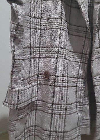 Düğmeli Gri Ekose Midi Kadın Blazer Ceket - Görsel 3