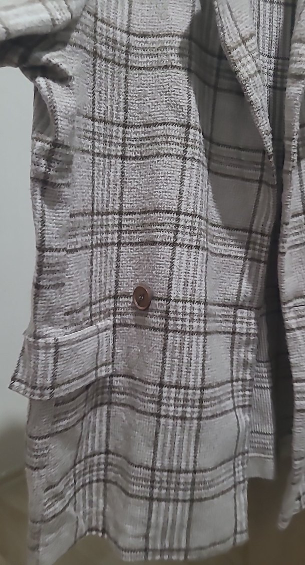 Düğmeli Gri Ekose Midi Kadın Blazer Ceket - Görsel 3