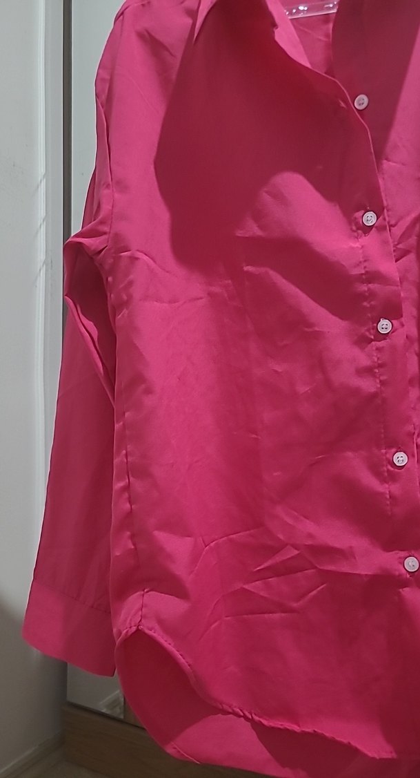 Düğmeli Pembe Keten Gömlek - Görsel 2