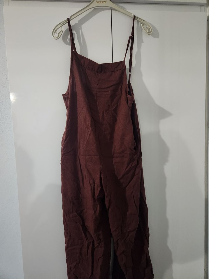 Kadın Kahverengi Keten Midi Askılı Tulum - Görsel 2