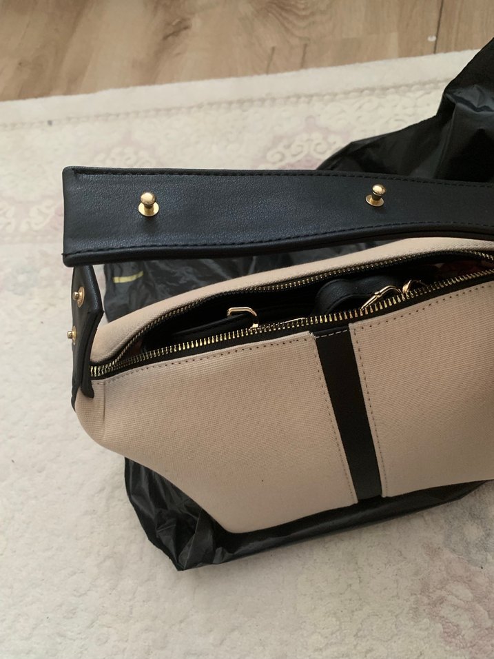 Bej Siyah Fermuarlı Kadın Çanta - Görsel 2
