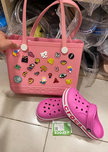 Crocs Pembe Payetli Kız Çanta ve Terlik Seti