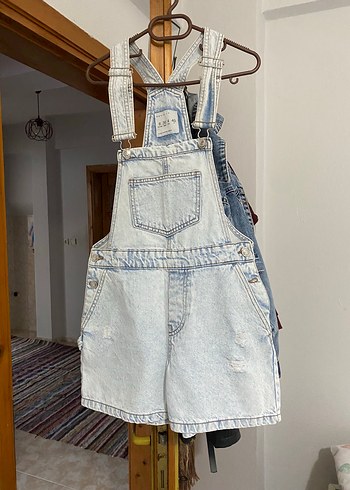 Denim&Co Gri Batik Desenli Kısa Kot Salopet