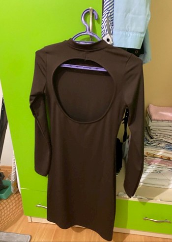 Uzun Kollu sırt dekolteli Kahverengi Kadın elbise - Görsel 2