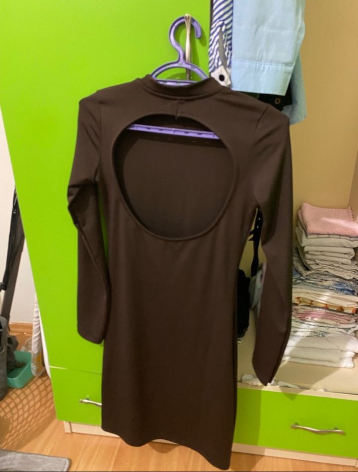 Uzun Kollu sırt dekolteli Kahverengi Kadın elbise - Görsel 2