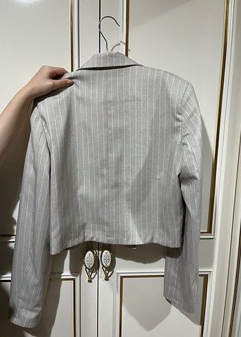 Çizgili Keten Mini Gri Kadın Blazer - Görsel 2