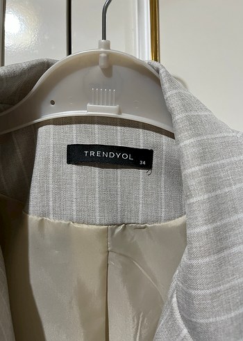 Çizgili Keten Mini Gri Kadın Blazer - Görsel 3