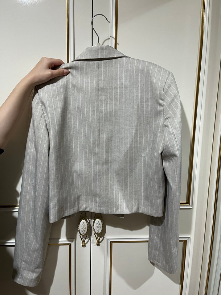 Çizgili Keten Mini Gri Kadın Blazer - Görsel 2