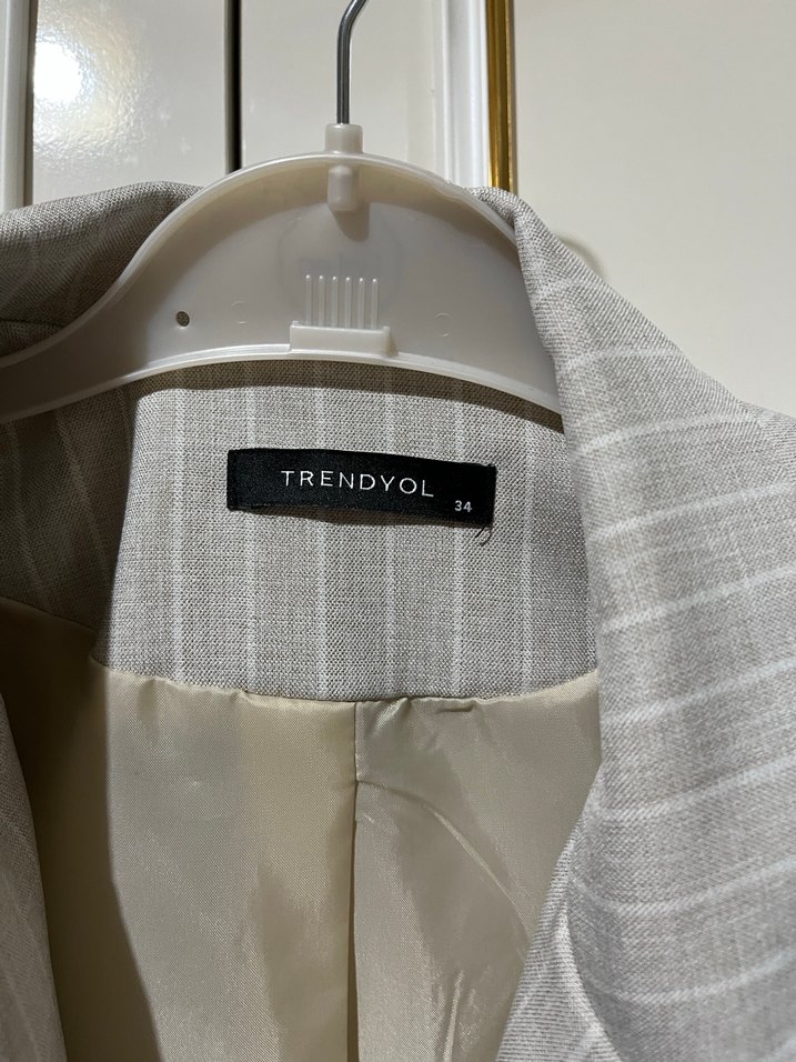 Çizgili Keten Mini Gri Kadın Blazer - Görsel 3