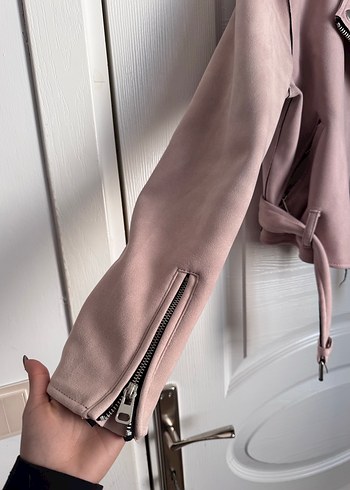 Pudra Pembe Süet Kemerli Ceket - Görsel 3