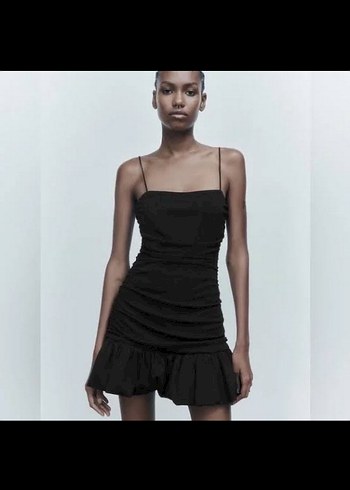 Zara Siyah V Yaka Mini Firfirli Kadin Elbise