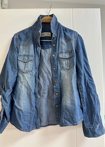 Mavi Düğmeli Denim Kadın Gömlek