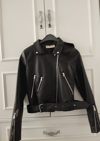 Kemerli Siyah Mini Deri Biker Ceket - Görsel 2