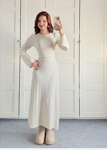 Ayşenur Dinçer Butik-Beyaz Uzun Triko Elbise
