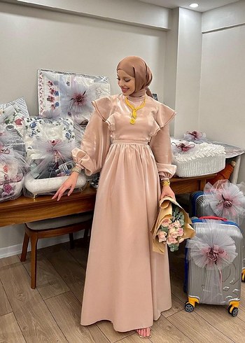 Pembe Saten Uzun tesettür Elbise Abiye - Görsel 2
