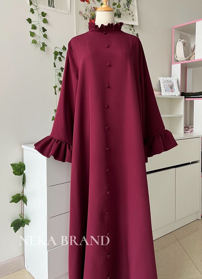 Düğmeli Uzun Kahverengi Kadın Elbise - Görsel 2